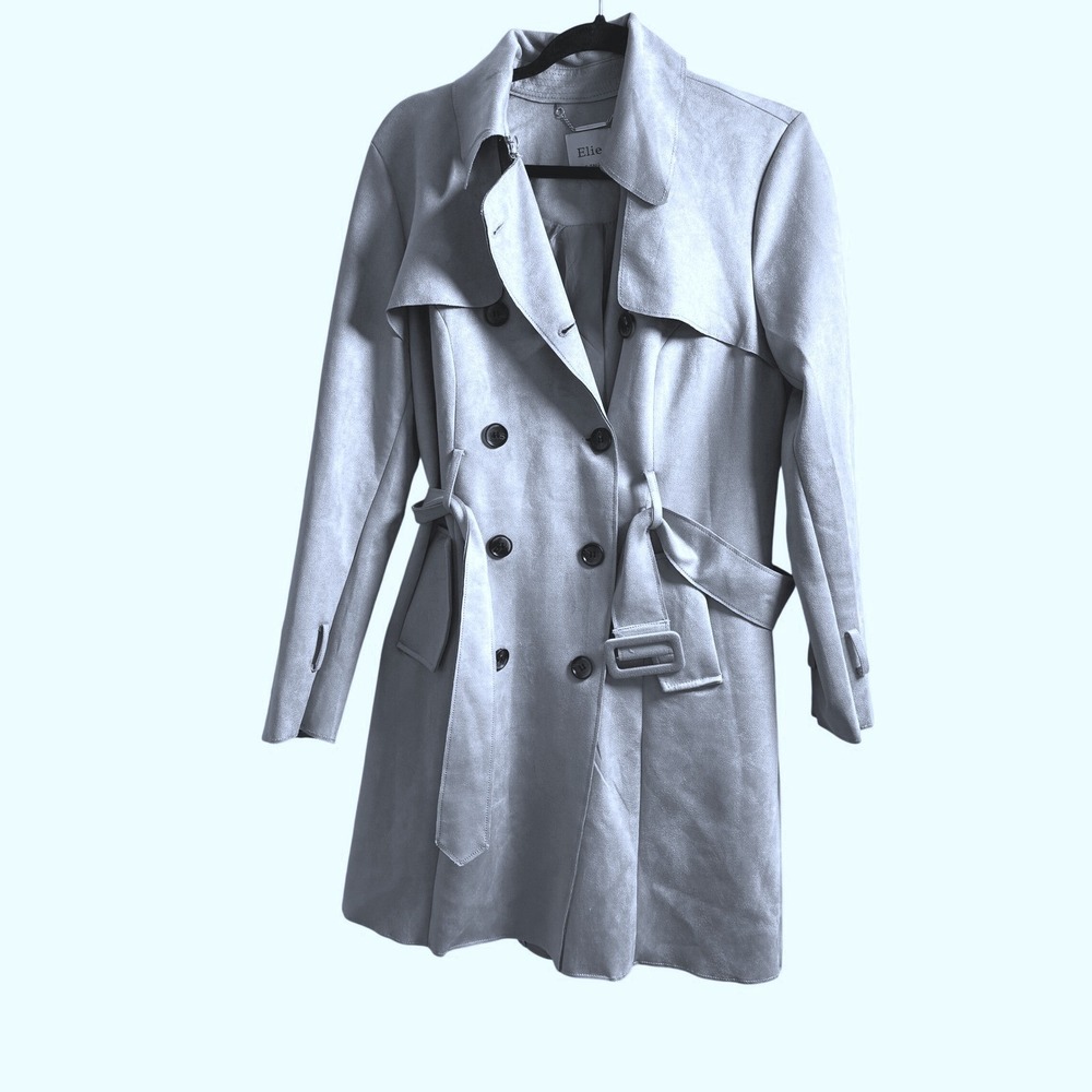 Elie Tahari Trench Coat Wms Size M/L Gray Faux Suede Belted Double Breasted